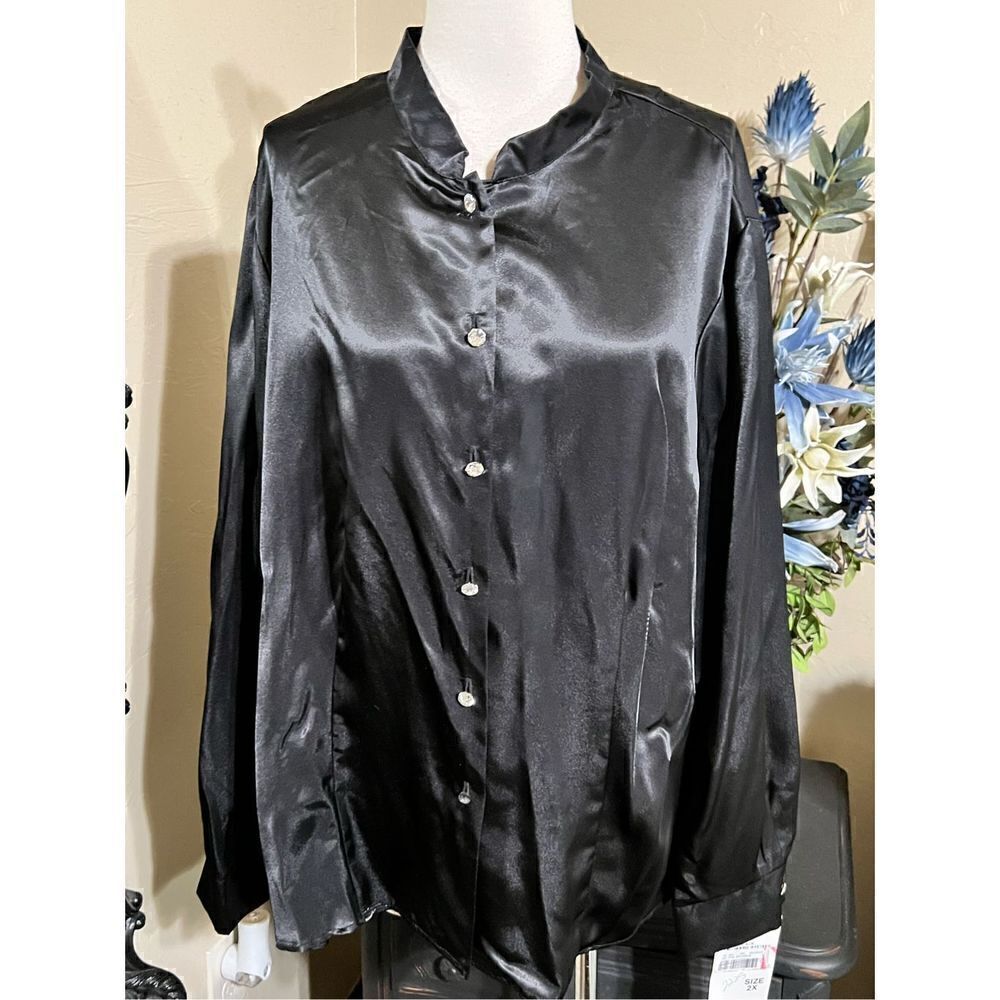 Onyx Nite Black Silky Long Sleeve Blouse Rhinestone Buttons Size XXL NWT